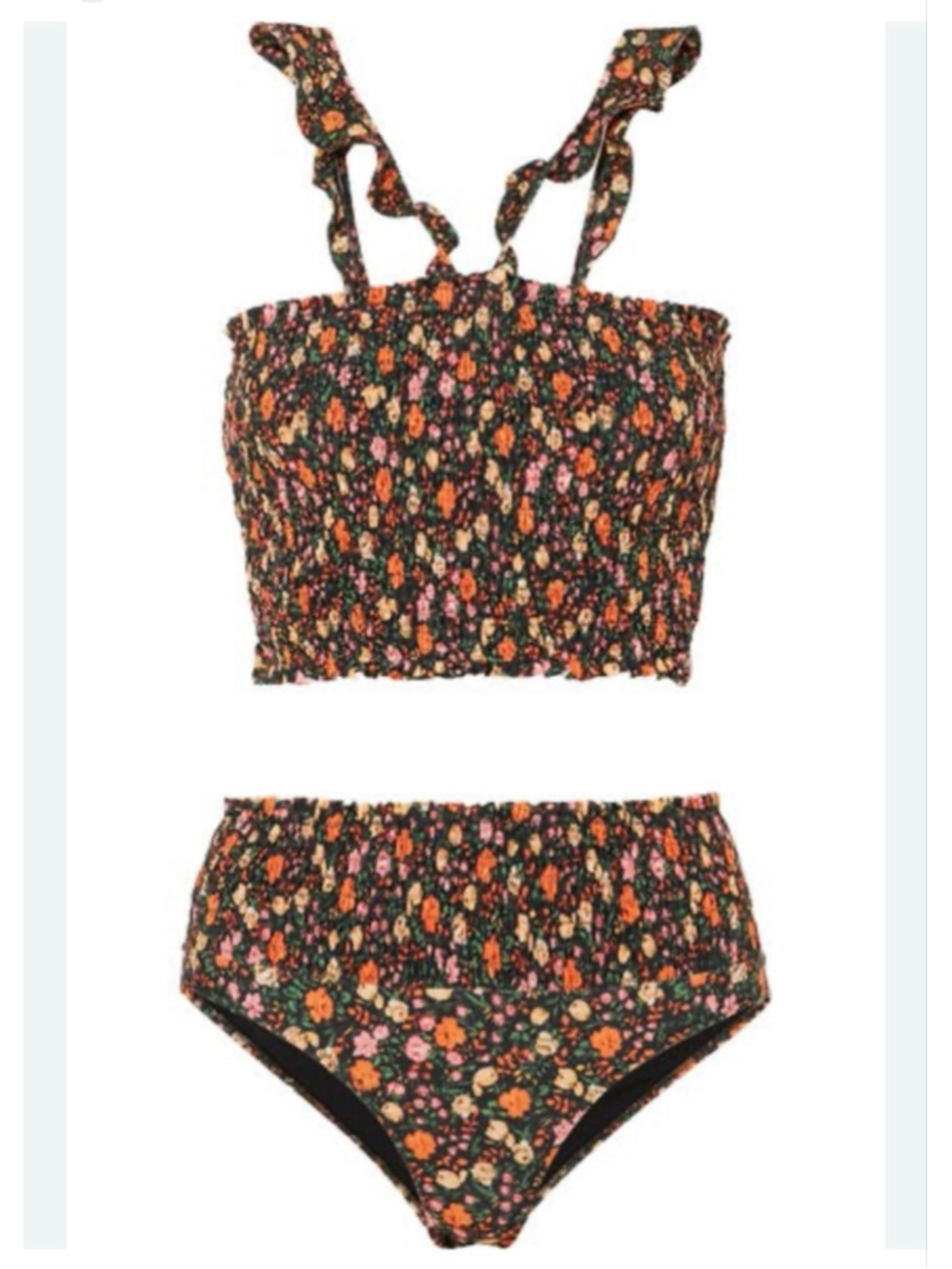 GANNI Floral Print Bikini Set in Black and Orange, Size L, heavy smock. Luxury